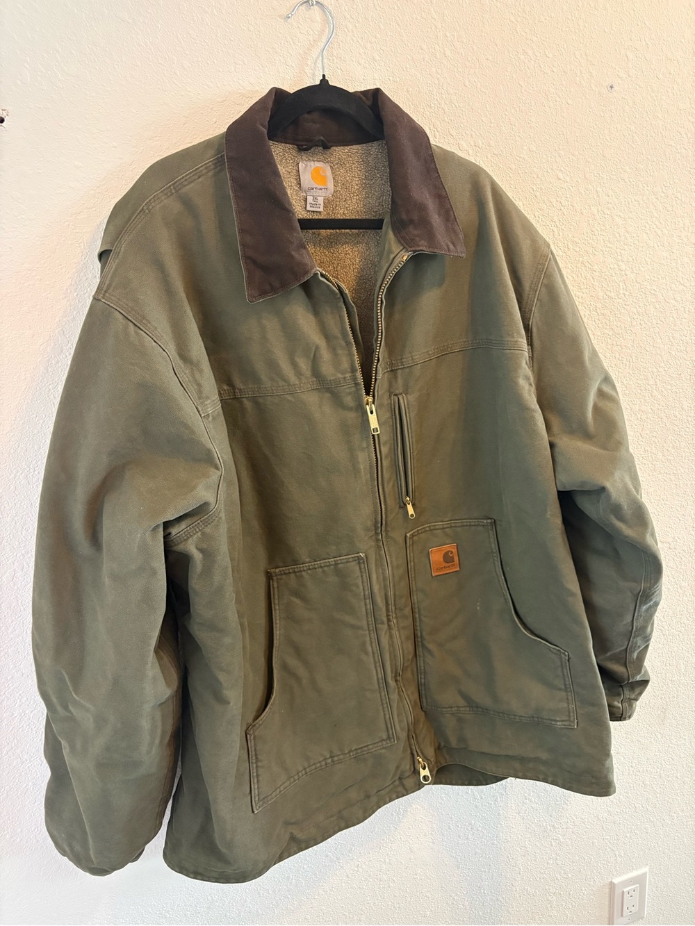 Carhartt Olive Green Work Jacket with Brown Corduroy Collar